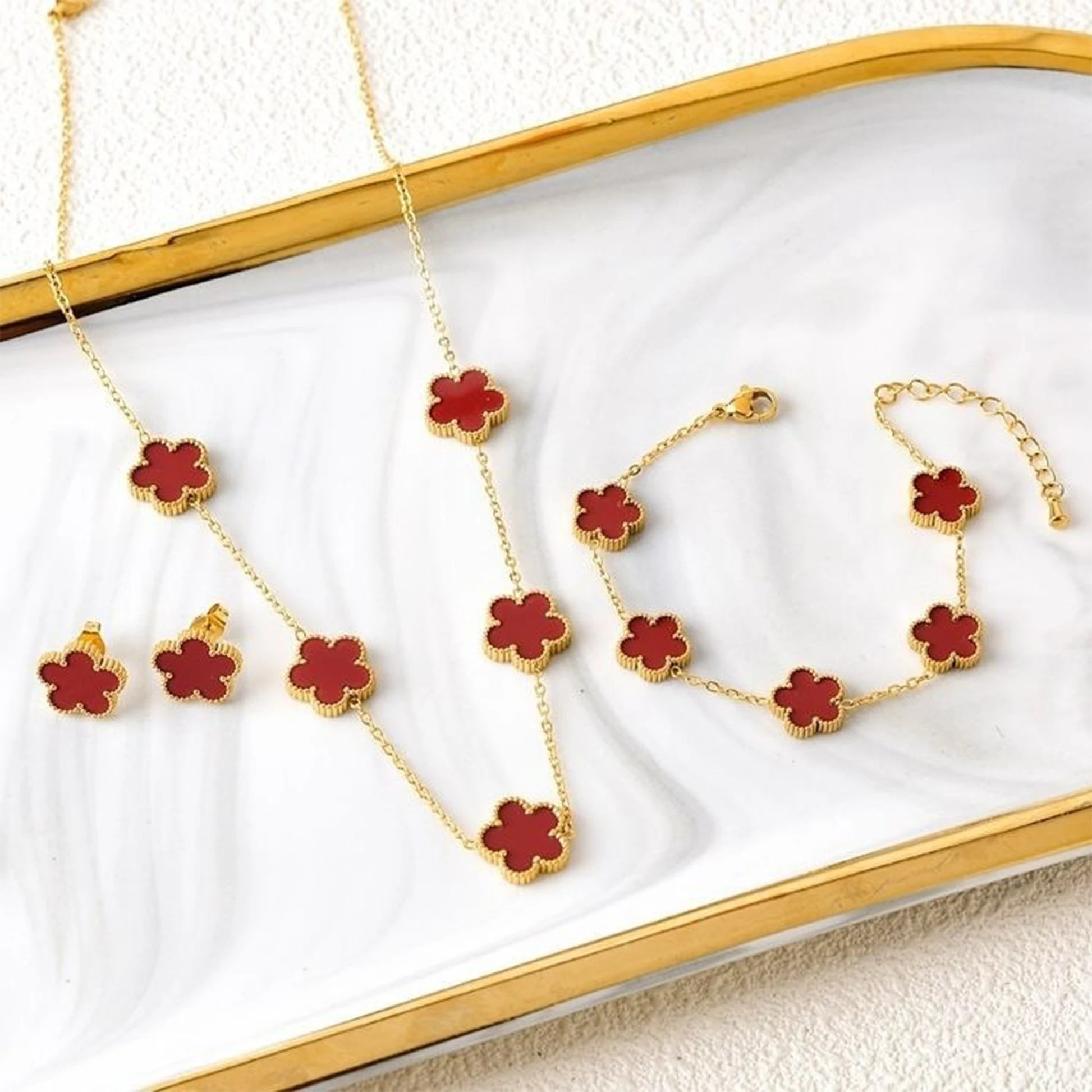 3-Piece 18K Gold-Plated Five-Leaf Flower Jewelry Set Necklace Earrings & Bracelet Clover Pendant Set — view 14 of jewelry sets