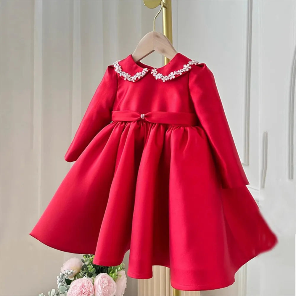 Red Long sleeved Girl's Satin Princess Dress Children's Birthday Dress kids dress wedding