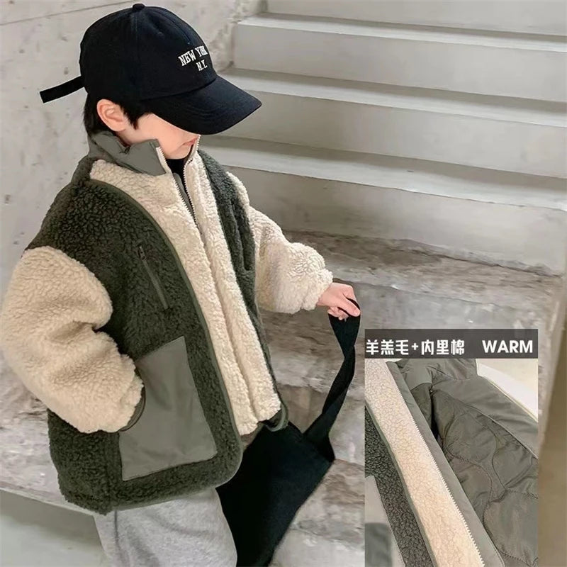 Boys Coat Jacket Outerwear Cotton 2023 Plush Warm Plus Thicken Velvet Winter Pocket Christmas Gift Children's Clothing