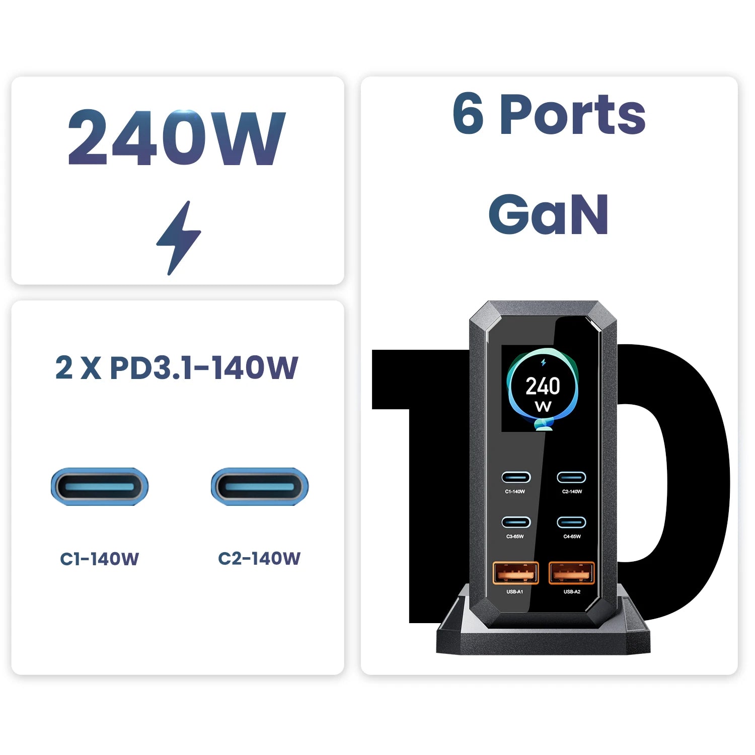 ASOMETECH 240W GaN 6-in-1 Charging Station — 140W PD3.1 Desktop MacBook Hub — view 6 of chargers & cables