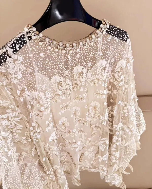 Luxury Embroidery Cloak Top O Neck Looose Asymmetrical Elegant White Blouse Handmade Beading Two-piece Sexy Sheer Mesh Shirt