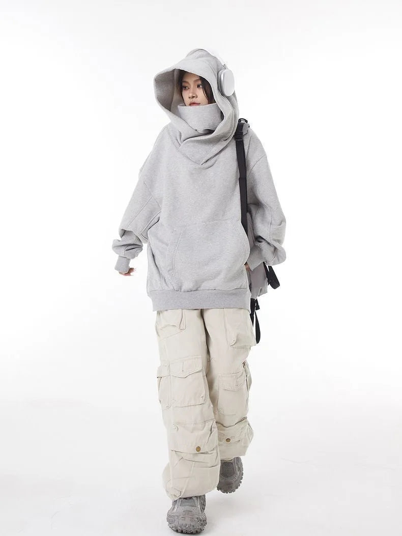 Men’s Solid Color Ninja Hoodie – Vintage Turtleneck Fleece Oversized Sweatshirt for Autumn Y2K Streetwear