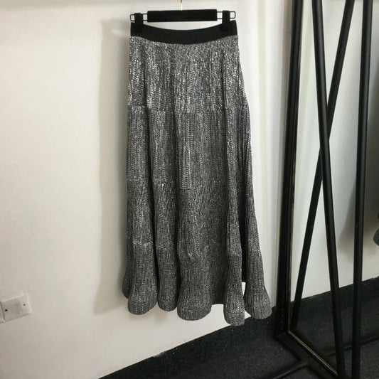 Womans Stretch Pleated Skirt Gold Pleated Glossy Skirt Hot Silver Pressed Pleated Bead Chain Embellished Anti-Wrinkle Skirt