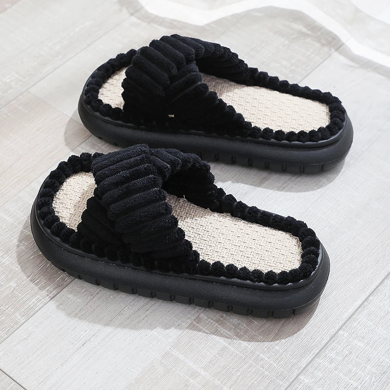 Women's Linen-Sole Home Slippers — Open-Toe Cross-Band Indoor Slides — view 6 of sandals & slides