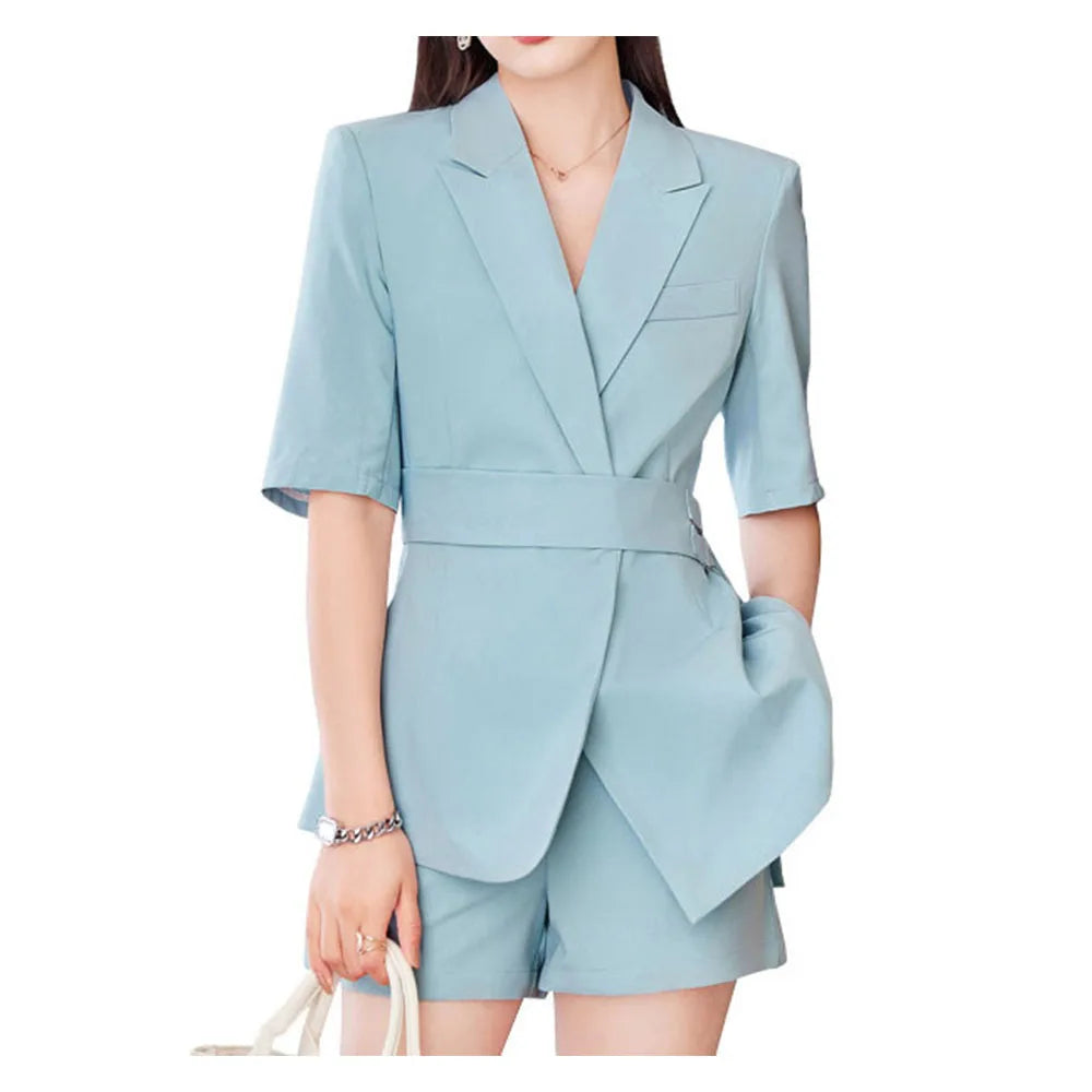 Tesco Spring Summer Short Pants Sets For Women Short Sleeve Jacket With Belt Royal Blue Pantsuit 2 Piece For Business Suit