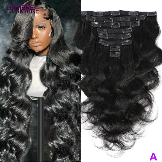 Brazilian Body Wave Clip-In Human Hair Extensions (8PCS Full Head) – Double Weft Clip-On Set — view 1 of beauty & personal care