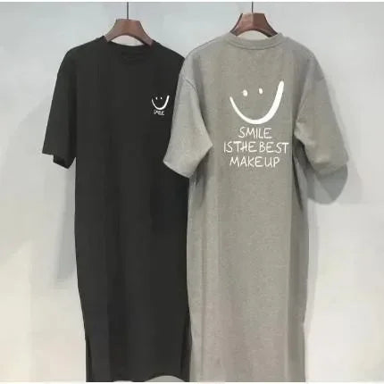 Plus size women's smiley print side-slit t-shirt summer dress