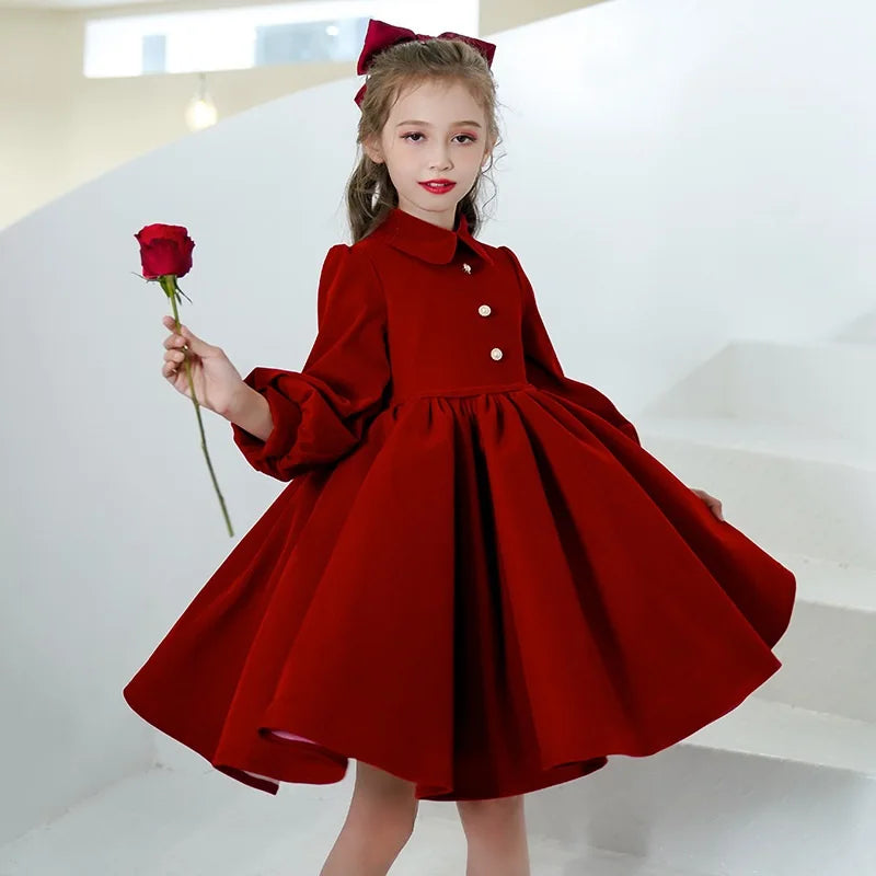 Fashion Baby Girl Princess Dress Long Sleeve Child Vintage Vestido Red Green Party Birthday Christmas Baby Clothes 1-12Y