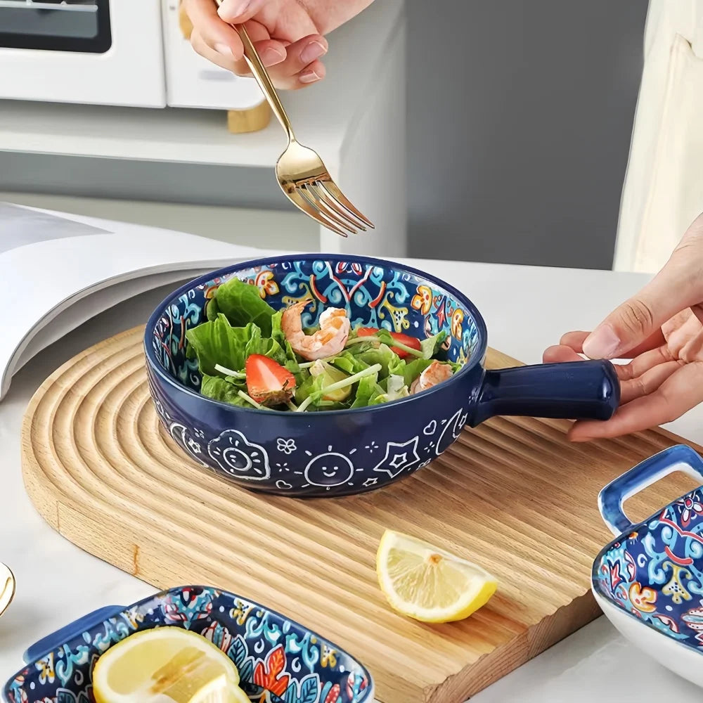 Bohemian Hand-Painted Ceramic Salad Bowl — Embossed Patterned Bakeware with Handle — view 5 of dining & tableware