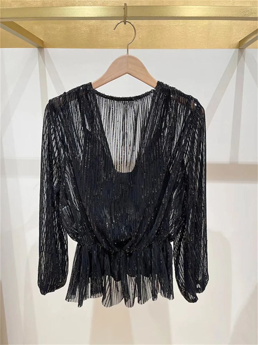 Black Women's V-Neck Blouse Long Sleeve Waist Slim Sparkling Sequin Ladies Lace Pullover Shirt Top 2024 New Early Autumn