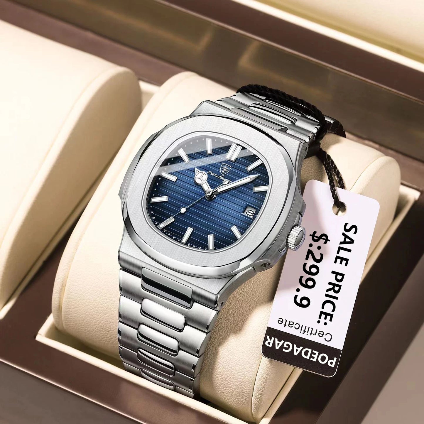 POEDAGAR Men's Square Luxury Watch — Waterproof Luminous Stainless Steel Sport Quartz Wristwatch — view 3 of watches
