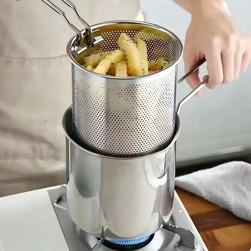 Deep Frying Pot Stainless Steel Kitchen Fryer with Strainer Basket Tempura Chicken Donut Fryer with Lid — view 2 of cookware