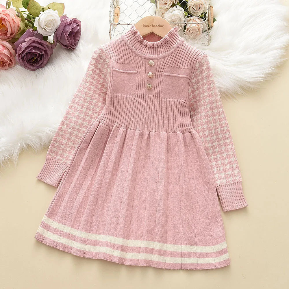 Bear Leader Girls' Knitted Sweater Dress – Autumn Winter Princess Party Outfit (4-8Y)