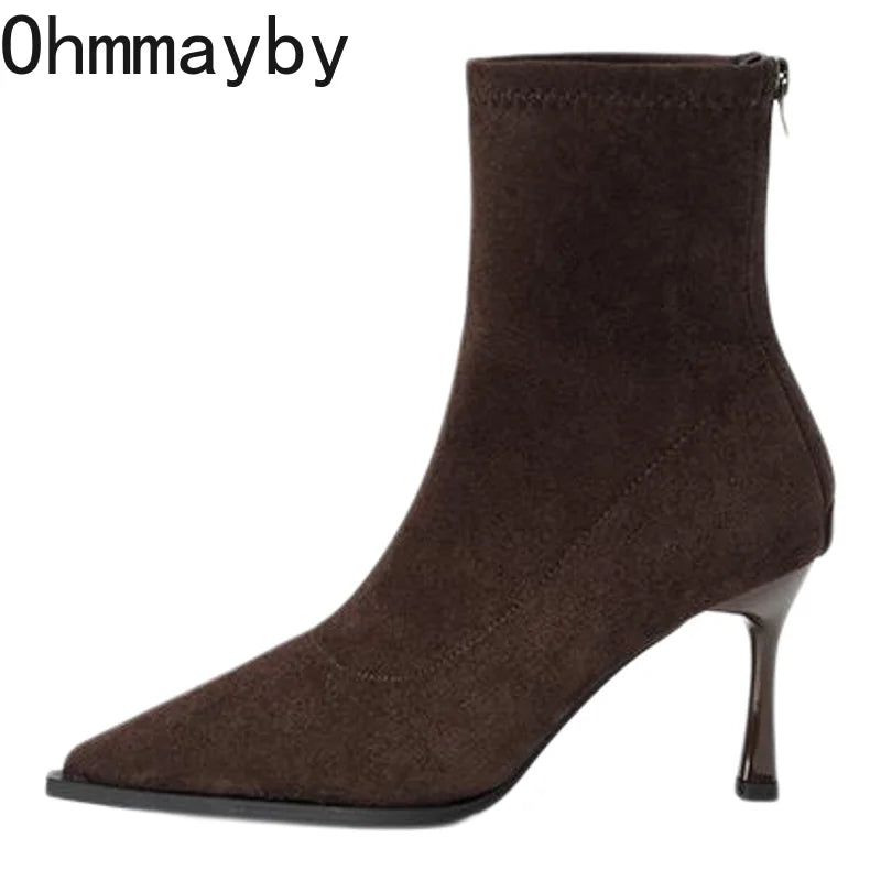 Heels & Pumps — Pointed-Toe Stretch Ankle Boots, Slim Booties Heeled Autumn Winter — view 6 of heels & pumps
