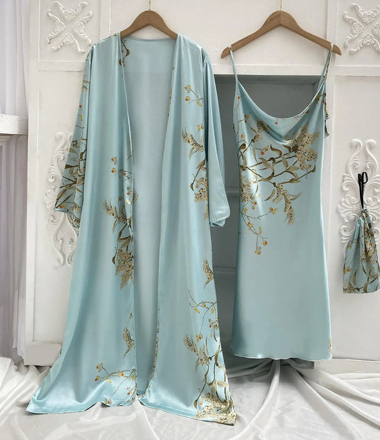 Print 2pcs Robe Sleep Suit Women Bridal Kimono Bathrobe Gown Lingerie Satin V-Neck Sleepwear