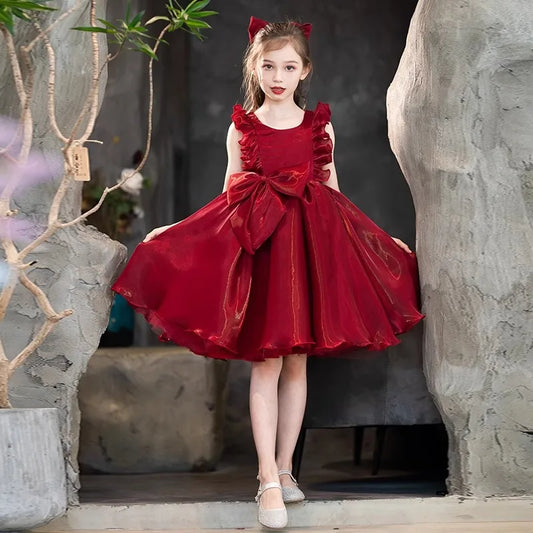 2024 Birthday Red Dress for Junior Girls Infant Bowknot Party Dresses Children Elegant Evening Ball Gown Kids Gala Clothes