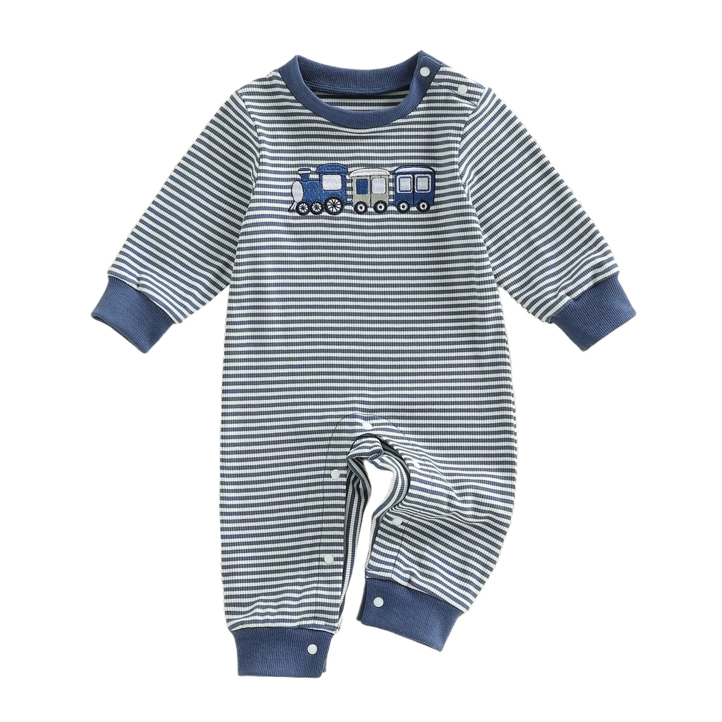 Toddler Boys Train Embroidered Striped Playsuit - Long Sleeve Romper — view 4 of toddler rompers