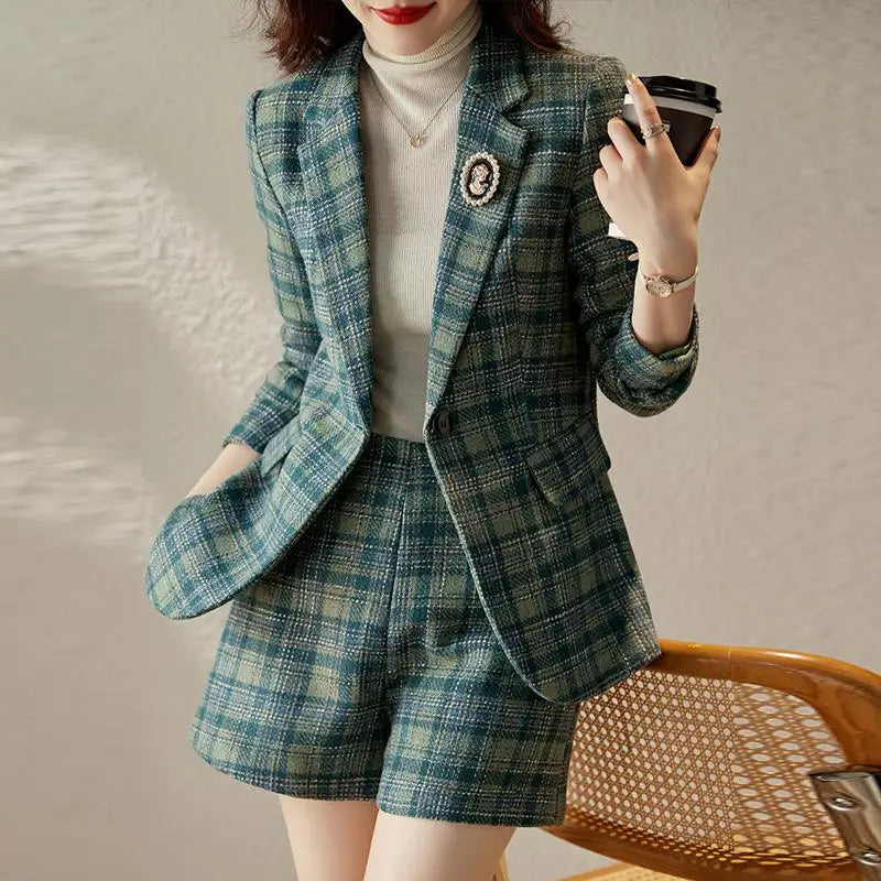 Autumn Winter Vintage Plaid Blazer Office Ladies 2 Piece Sets Korean Elegant Long Sleeve Suit Coat And High Waist Shorts Outfit