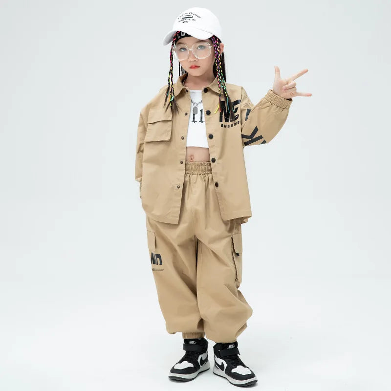 Kid Kpop Hip Hop Clothing Khaki Shirt Jacket Casual Streetwear Cargo Jogger Pants for Girl Boy Jazz Dance Costume Clothes Set