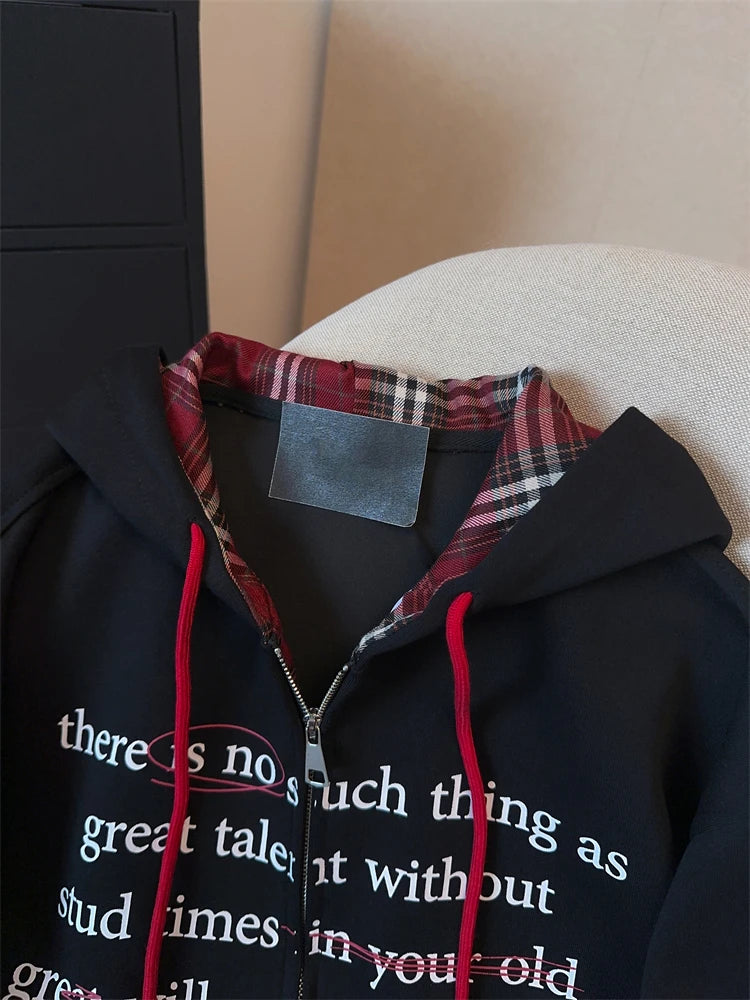 Black Women Sweatshirt Coat Hooded Vintage Long Sleeve Korean Fashion Casual Y2K Style 2024 Autumn NEW Female Solid Black Tops