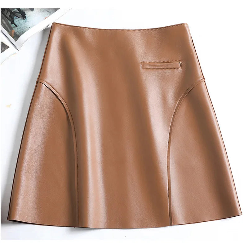 Real Leather Sexy Mini Skirt Women Spring South Korean Fashion High Waist Buttons Retro A-line Skirt