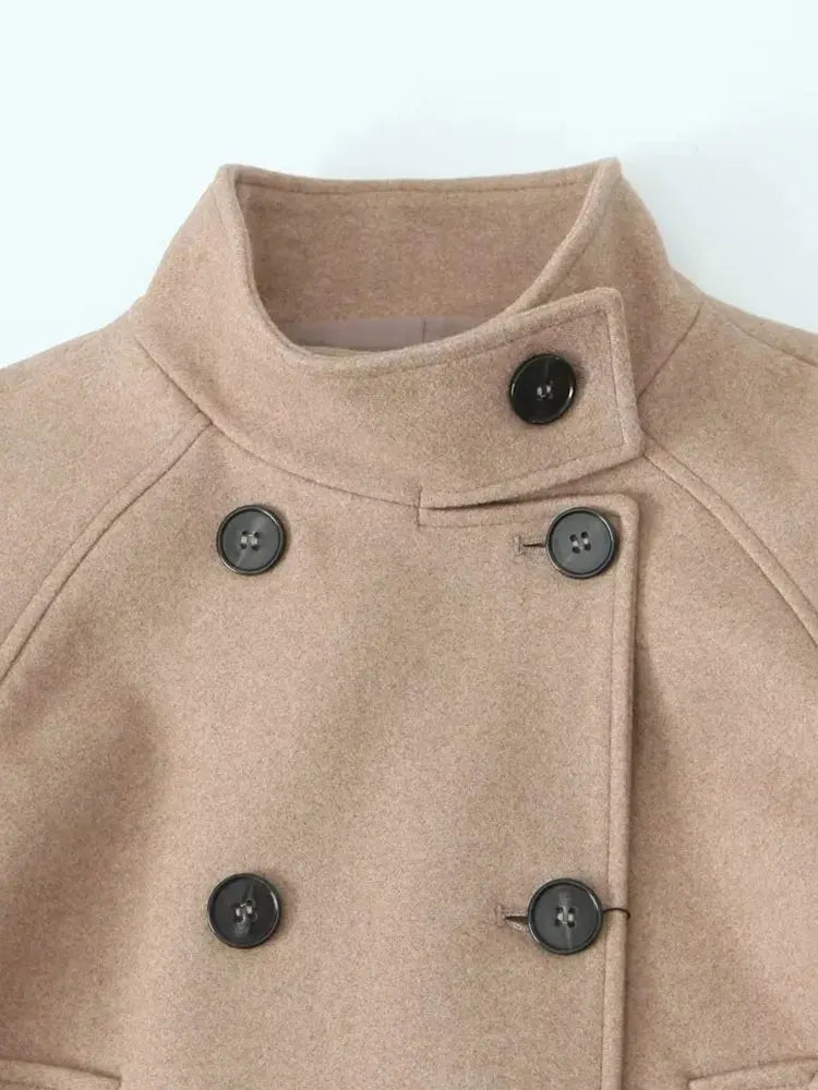 TRAF 2023 Autumn Winter Women's Jacket Thick Double Breasted Wool Blends Loose Coat Holiday Warm Long Sleeve Jackets