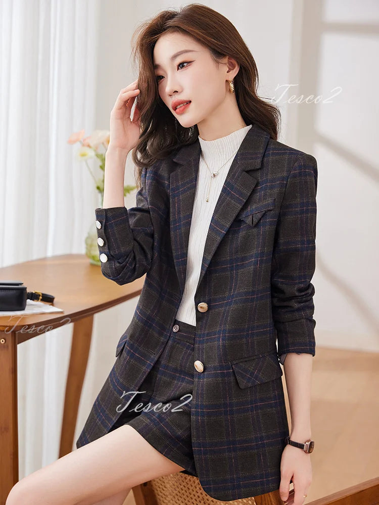 Tesco Fashion Plaid Women's Suit Blazer Spring Short Pants 2 Piece Casual Outfits For Prom Party England Style Pantsuit