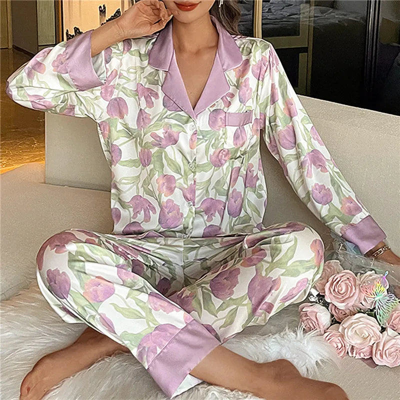 Pajamas Set for Women Luxurious Sweet Satin Pyjamas Woman Long Sleeve Shirt Long Pants Home Wear Ladies