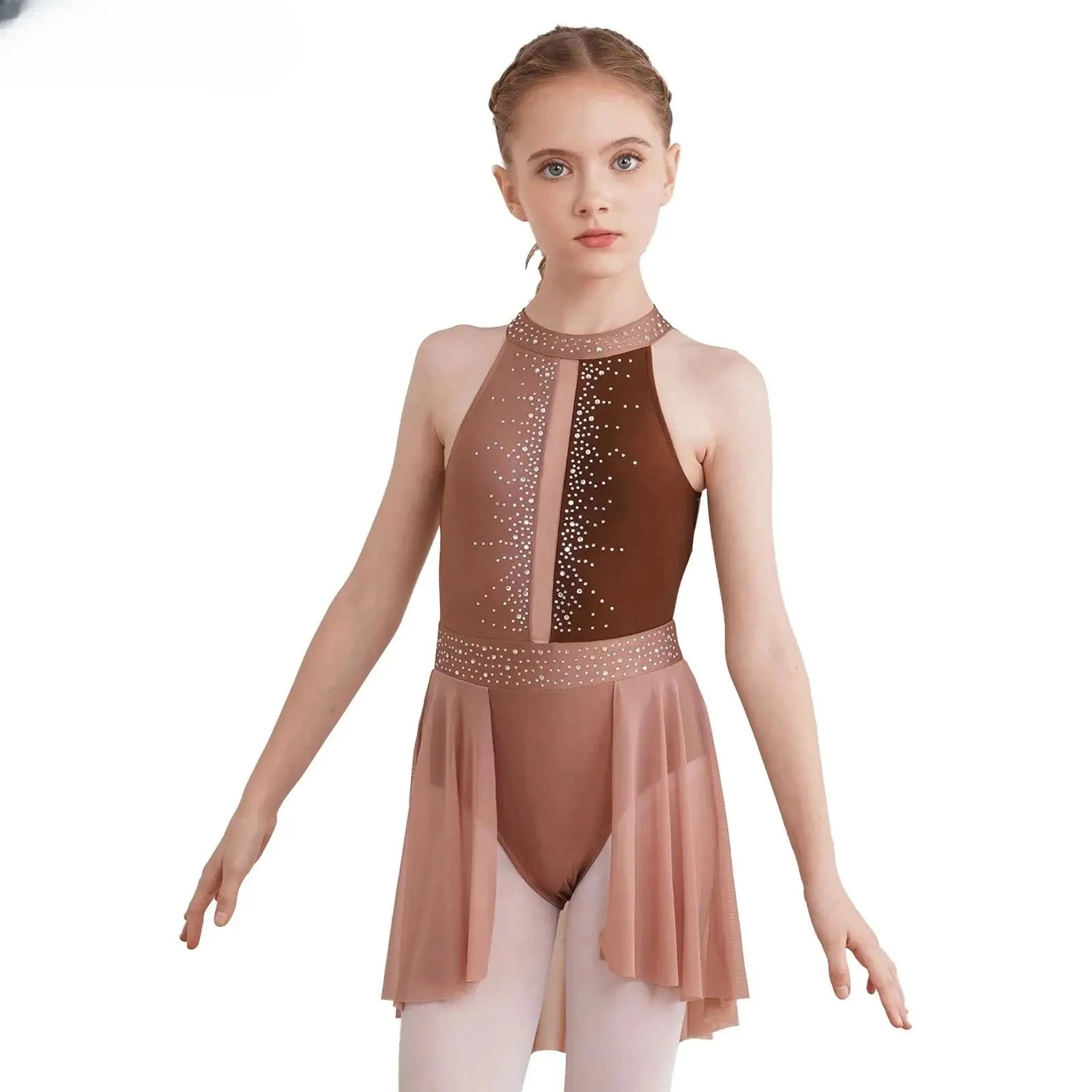 Girls Lyrical Dance Dress - Sleeveless Rhinestone Performance Leotard — view 1 of dance costumes