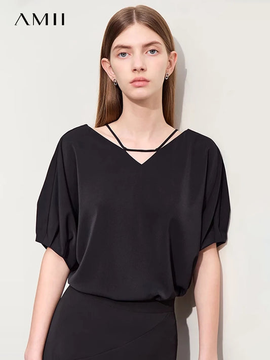 AMII Minimalism Women’s Loose Silk V-Neck Blouse – Drop Sleeve Casual Chiffon Top for Summer 2025