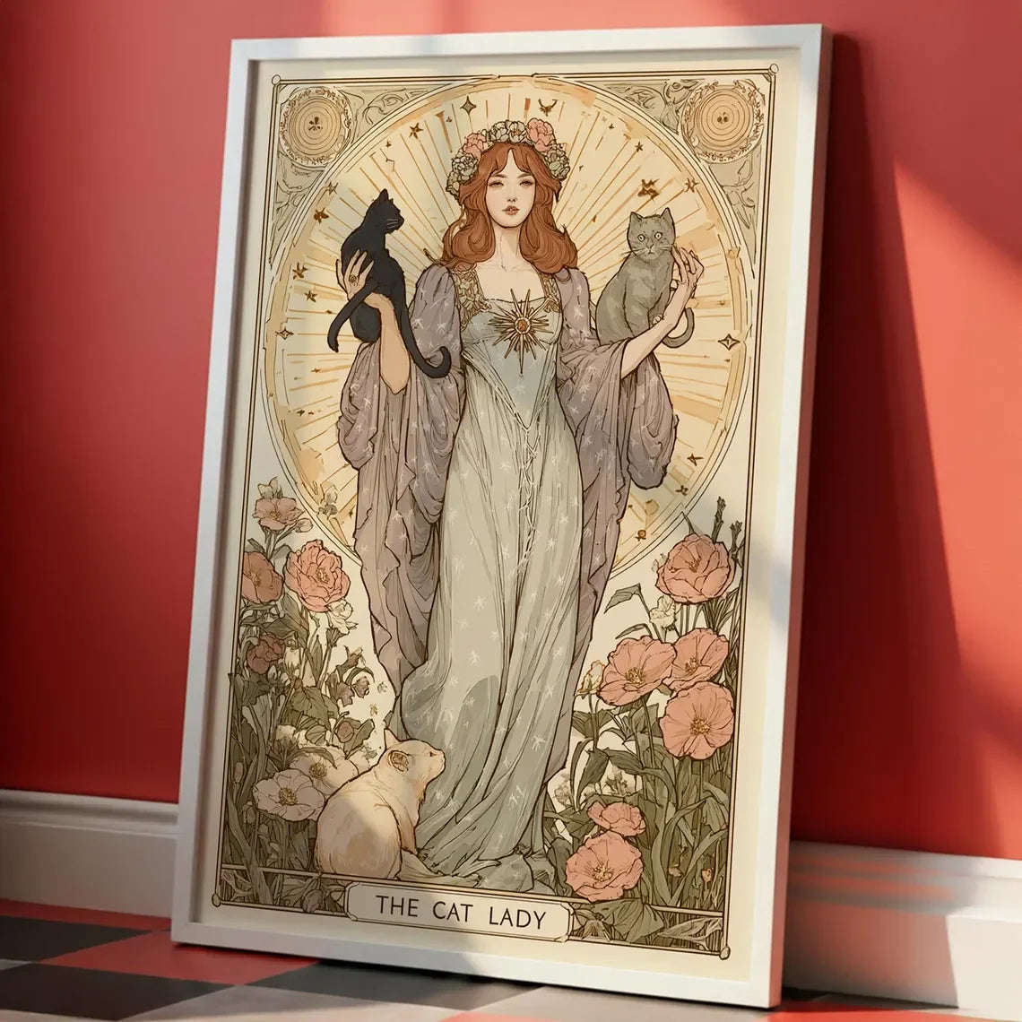 Home Decor Cat Lady Tarot Print — Art Nouveau Wall Art, Vintage Cat Lovers Poster, Cat Mom Gift — view 9 of home decor