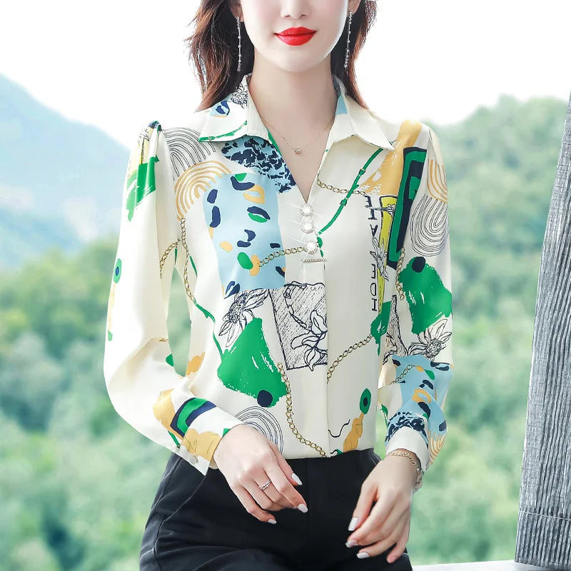 Spring Printed Chiffon Shirt – Women’s Slim Vintage Long-Sleeve Retro Blouse