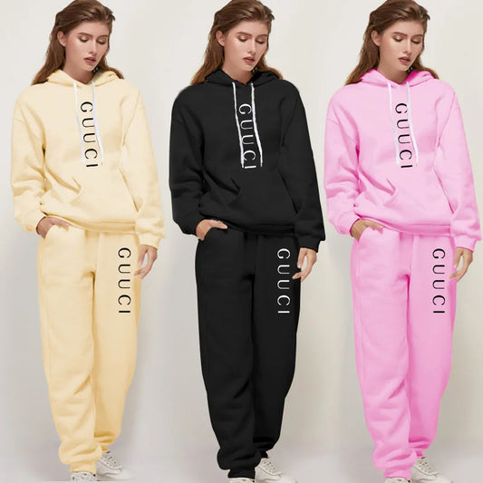 Women’s Two-Piece Hooded Tracksuit – Comfortable Drawstring Pullover Set for Autumn & Winter