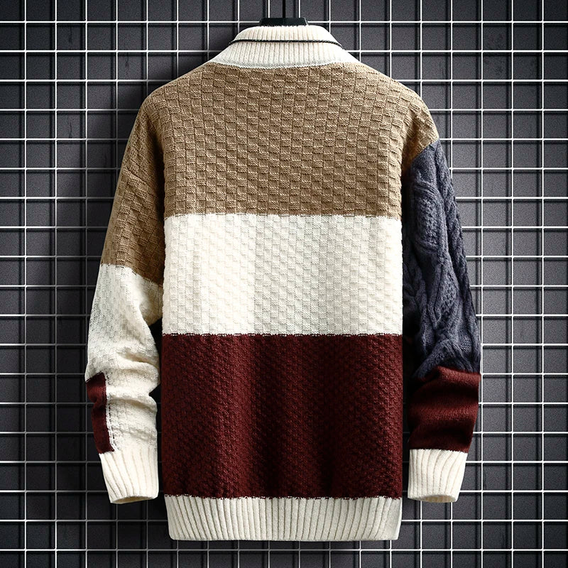 2023 Autumn Winter Men Sweater Warm Fashion Stitching Color Matching