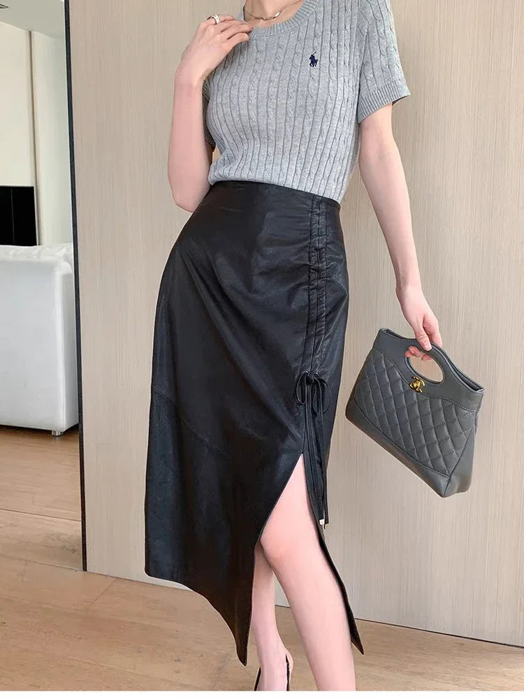 Women Long 30inch Real Leather Skirt Euro-American Calf-Length  Sheepskin Slim Pencil Skirt With Femme Side Fork Split Saia