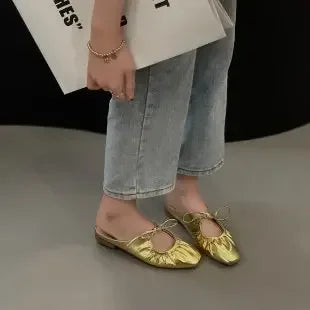 Flats & Ballet — Leather Metallic Ballet Flats, Silver Gold Bling Round-Toe Party Flats — view 9 of flats & ballet