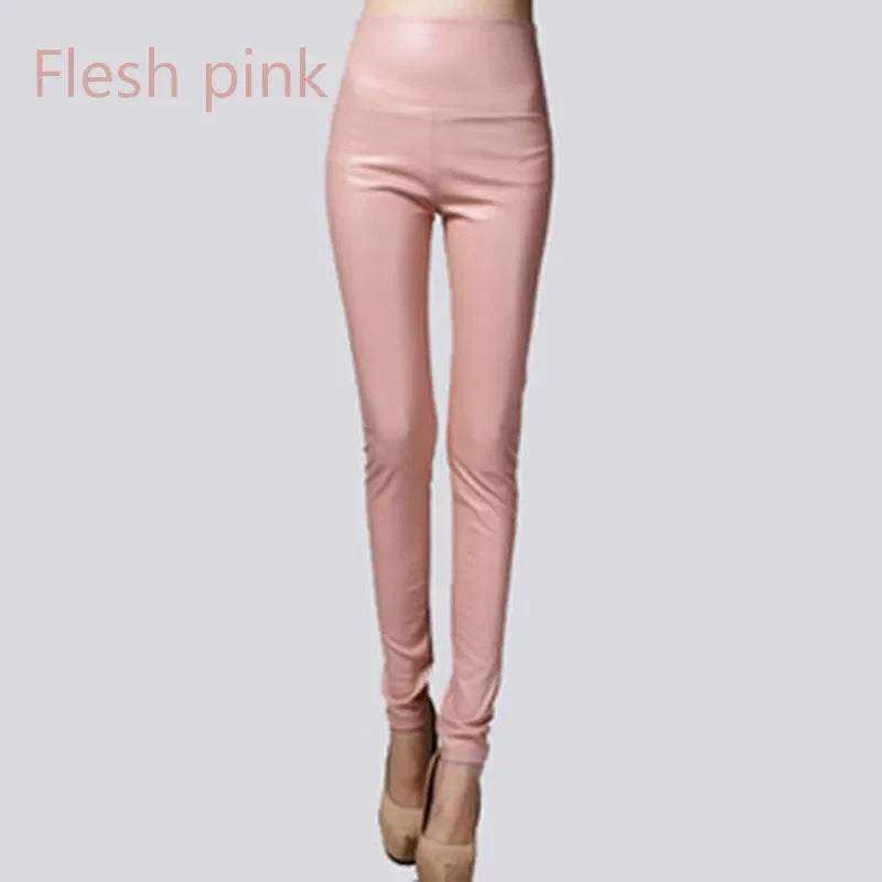 Women’s Y2K Faux Leather Pencil Pants – Elastic Stretch Velvet-Lined Trousers for Autumn