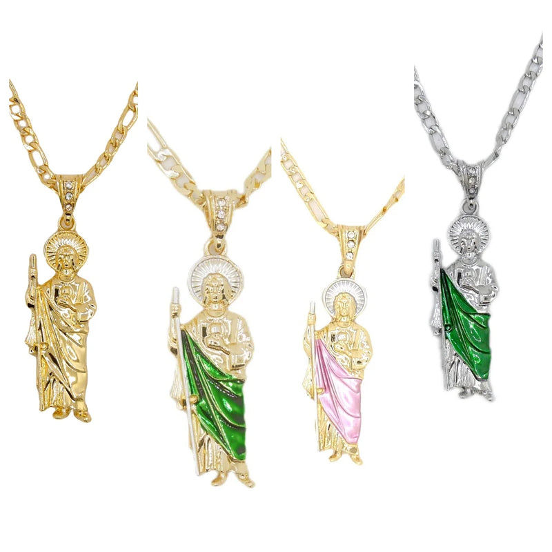 Saint Jude Necklace — 14K Gold Plated San Judas Pendant Figaro Chain Jewelry — view 1 of jewelry