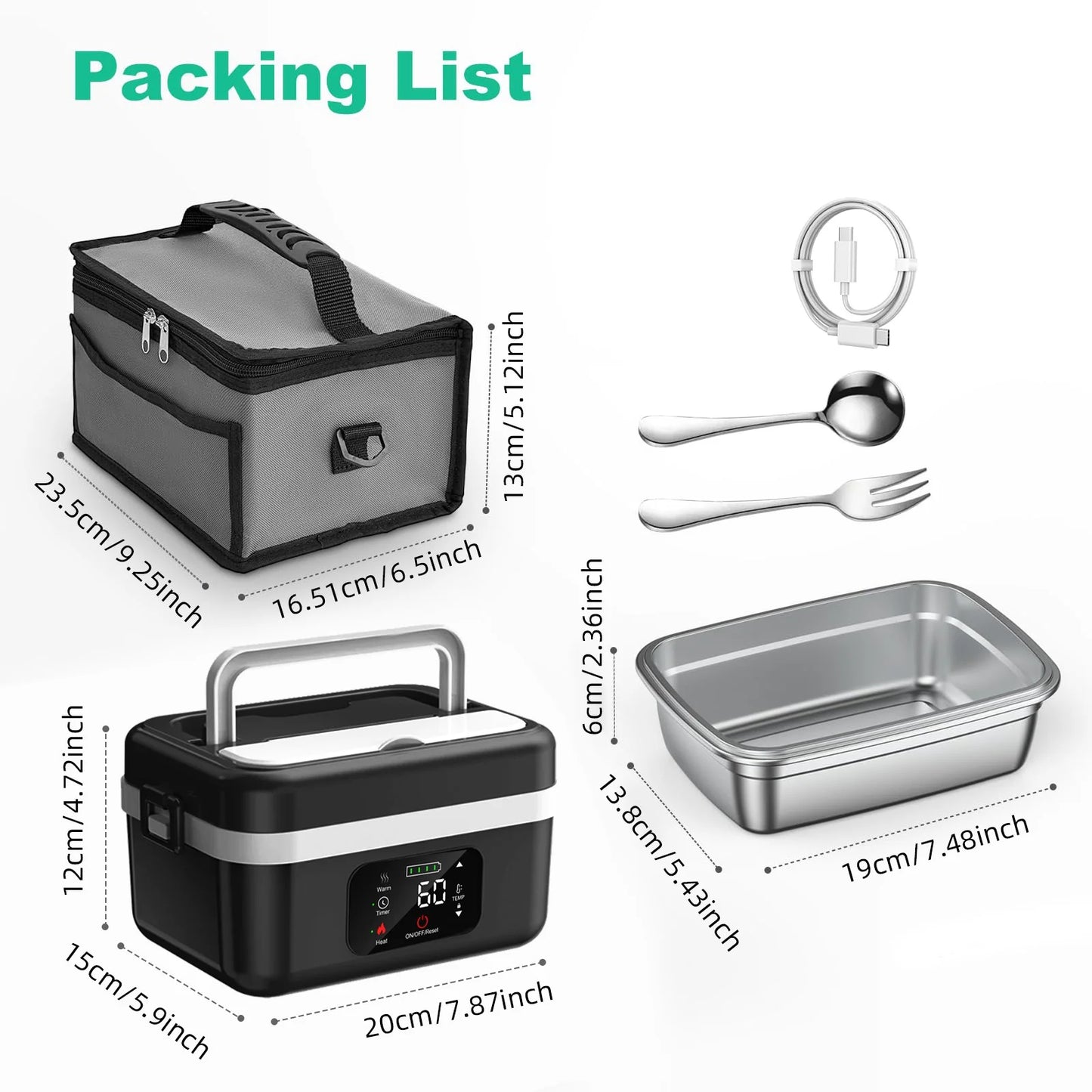 8000mAh Rechargeable Heated Lunch Box 1L Portable Electric Food Warmer with Timer Stainless Steel Container — view 3 of food storage