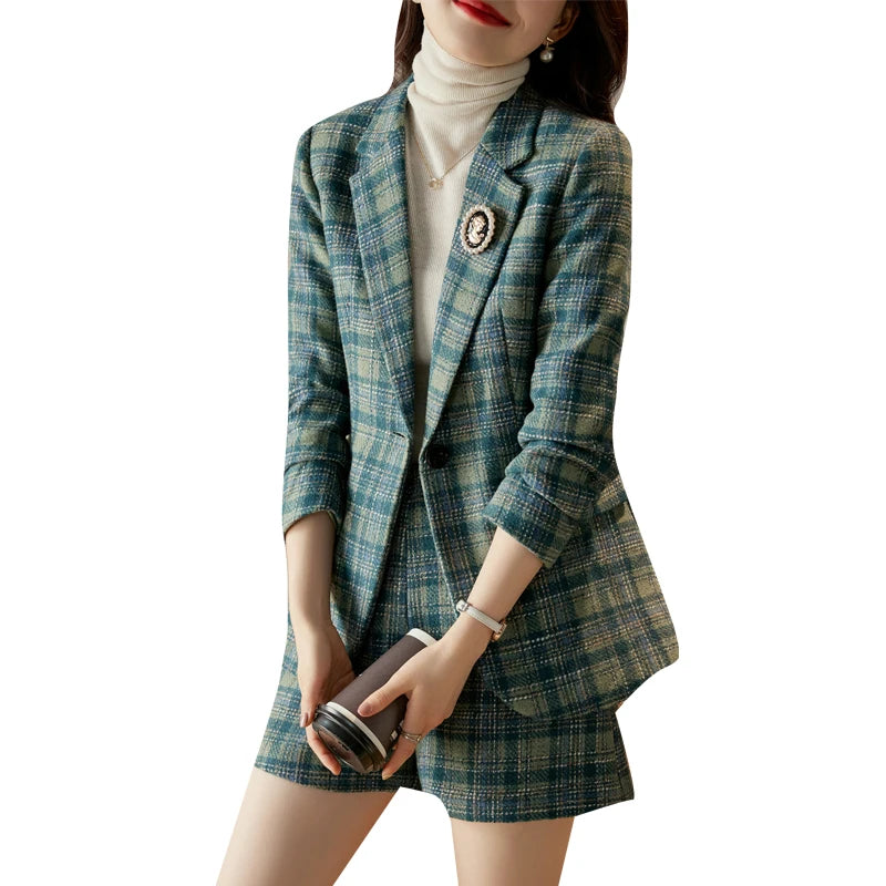 Autumn Winter Vintage Plaid Blazer Office Ladies 2 Piece Sets Korean Elegant Long Sleeve Suit Coat And High Waist Shorts Outfit