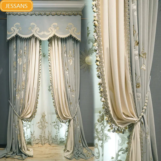 High Grade Blue Grey Embroidery Velvet Splicing Thickened Curtains for Living Room Bedroom Villa French Window Valance