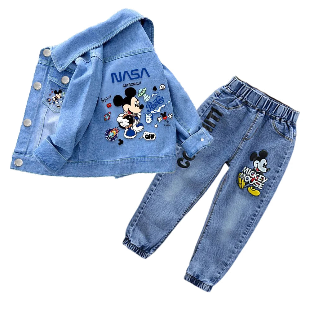 Kids’ Mickey Mouse Denim Jacket & Jeans 2-Piece Set – Casual Spring & Autumn Outfit