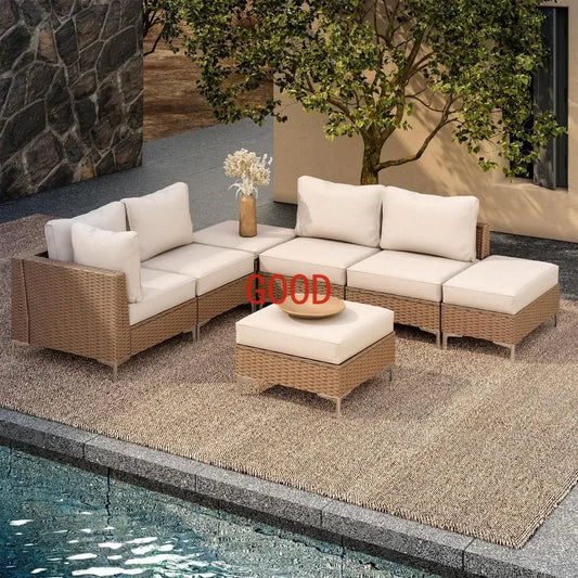 7 Pieces Patio Furniture Set with Hidden Storage Compartment, Outdoor NaturalConversation Set with Plush Oversized Cushions