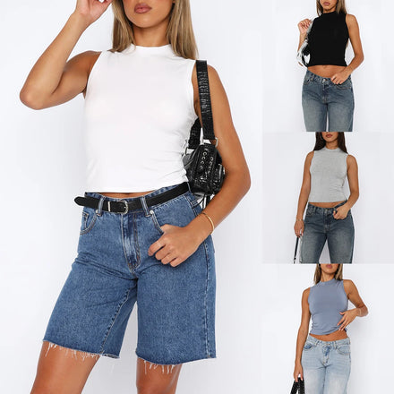 Crew-Neck Crop Tank Top — Slim-Fit Y2K Sleeveless Solid Vest for Women — view 1 of tanks & camisoles