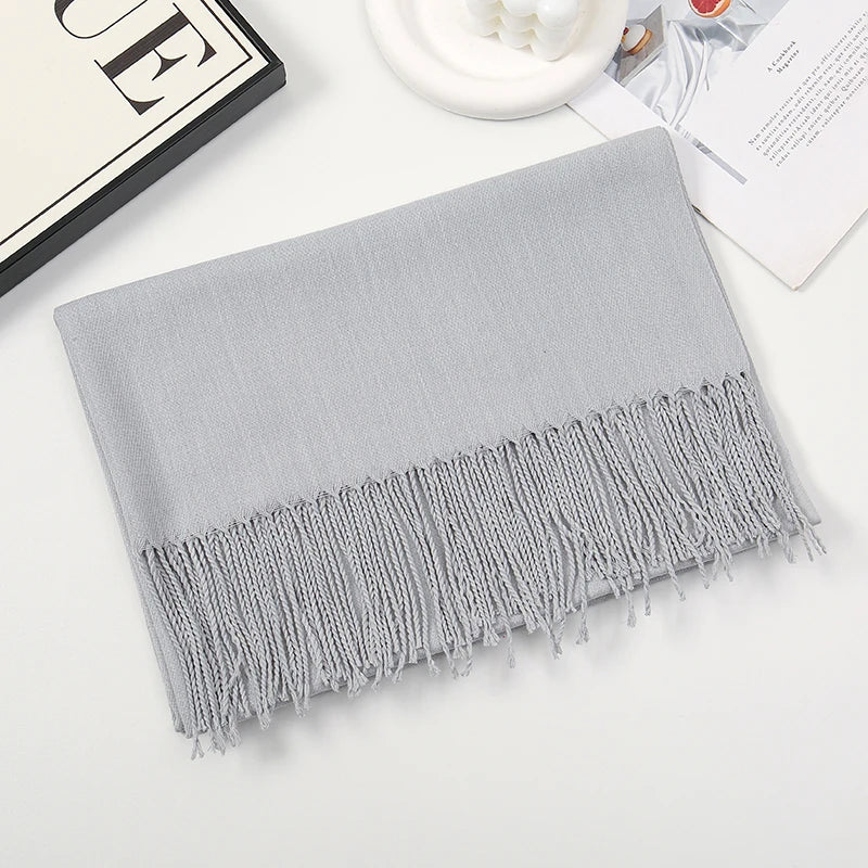 Solid Pashmina Scarf Tassel — Minimalist Cashmere-Feel Capsule Wardrobe Wrap for Women & Men — view 5 of scarves & wraps