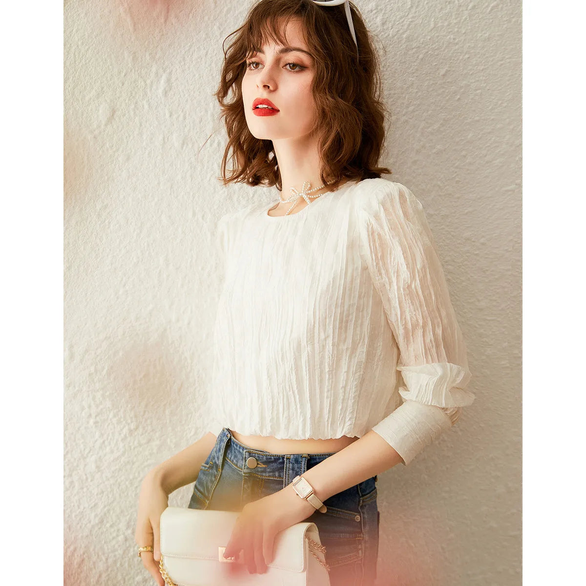 LOUIS YAO Women Shirt 2024 Spring New Round Neck Long Sleeve Short Blouses Puff Sleeve Casual Pullover Women's Top