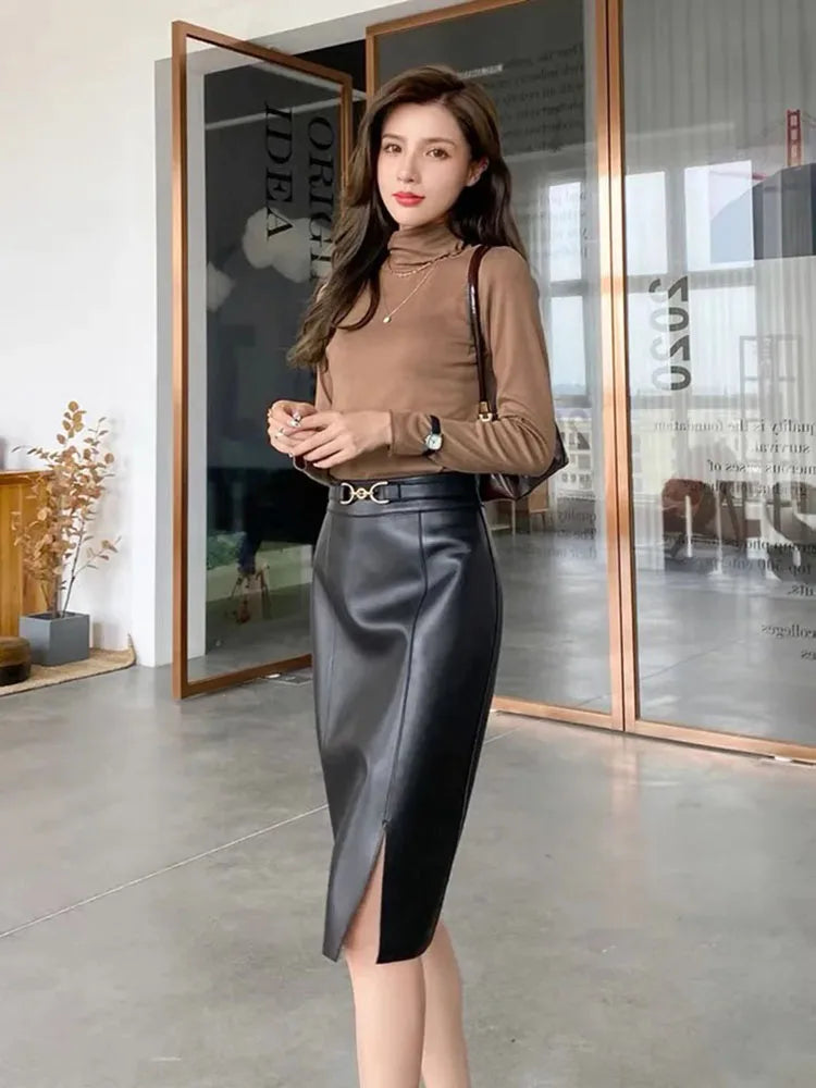 Korean Fashion Genuine Leather Skirts Womens 2024 New Office Ladies Pencil Midi Skirt High Waist