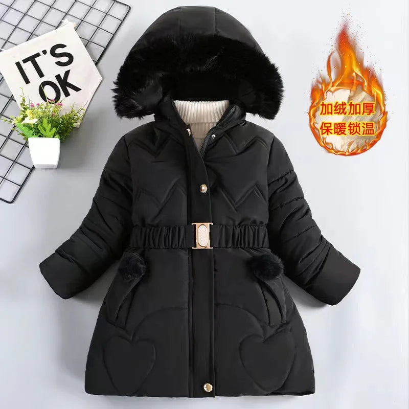 Winter Girls’ Hooded Fur Collar Coat – Warm & Thick Princess Jacket with Zipper (3-10 Years)