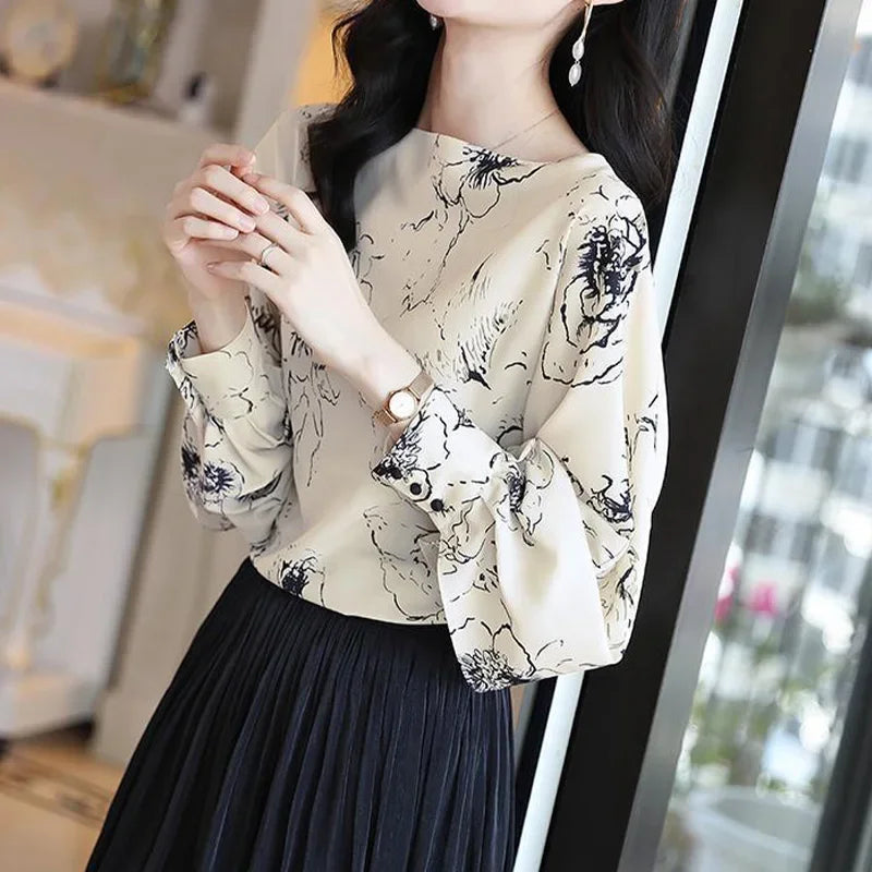 French Style Original Design Fashion Casual Printed Long Sleeved Shirt Autumn New Vintage Elegant Loose Round Neck Women's Top