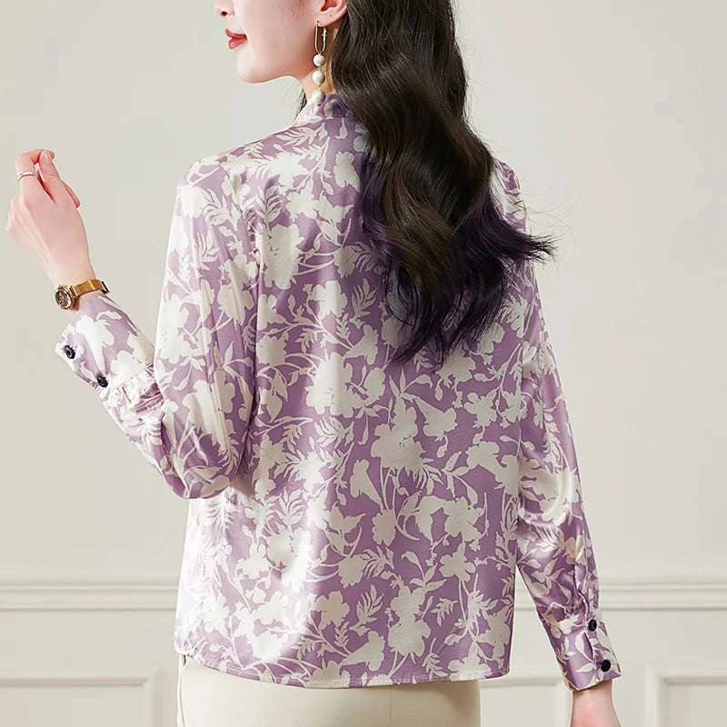 Real Silk Women's Satin Shirt Purple Black Blouses V-neck Elegant Shirts For Women Long Sleeve Tops Woman Floral Print Blouse